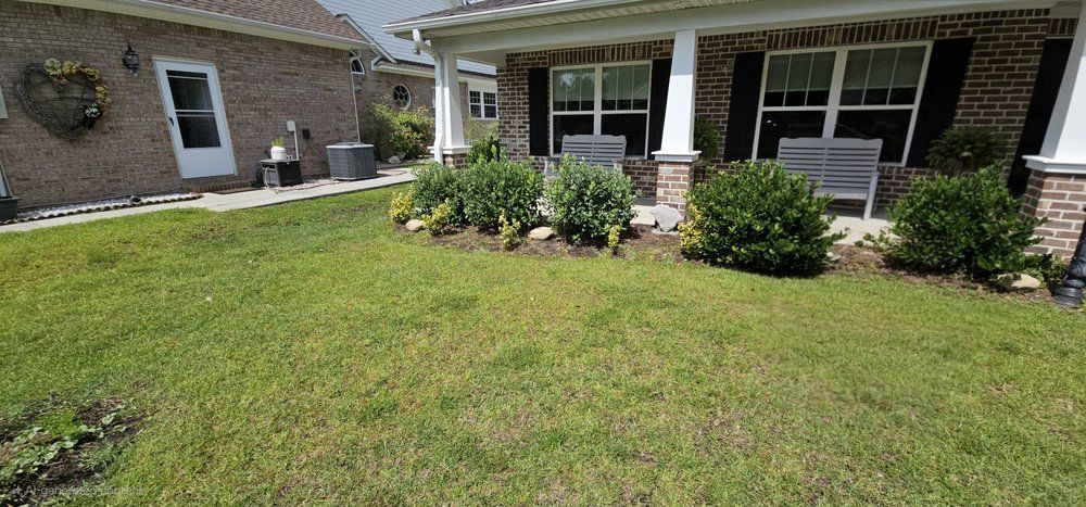 A manicured lawn in front of a brick house with a front porch, several small green bushes, and a stone walkway.