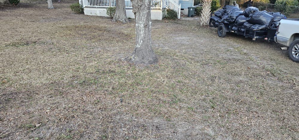 A white truck loaded with black bags of yard waste parked on a patchy lawn near a tree and a house.