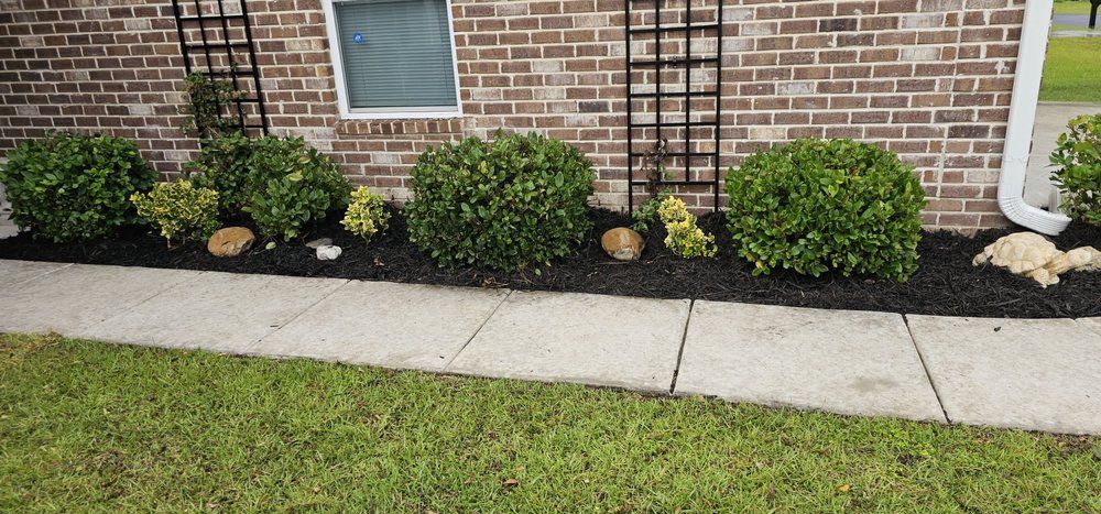 A brick house wall with a sidewalk and mulched landscaping bed featuring green shrubs and small trellis structures.