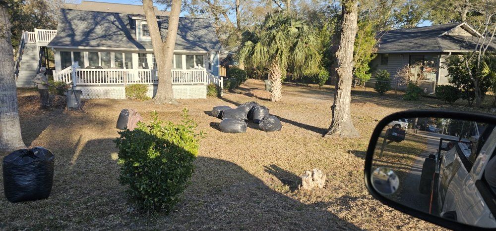 Black trash bags are scattered across a brown, leaf-covered front yard near a house, seen from inside a vehicle.
