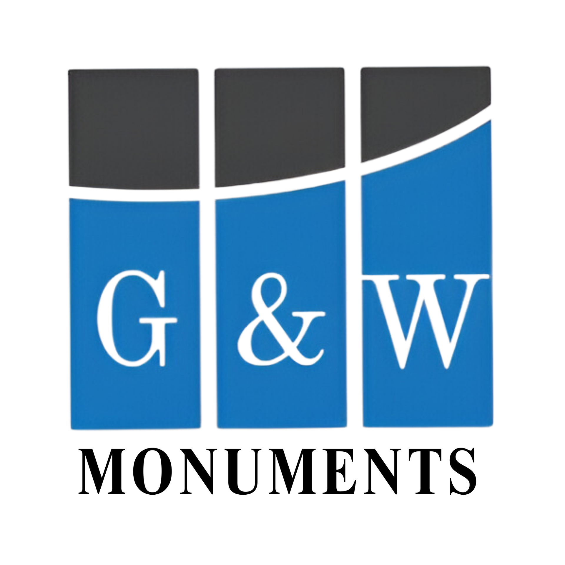 The logo for g & w monuments is blue and black.