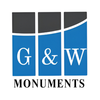 The logo for g & w monuments is blue and black.