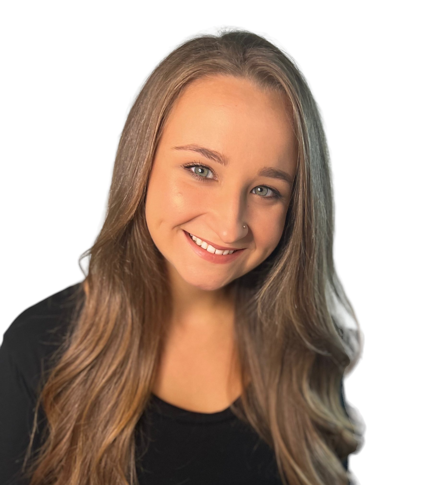 A woman with long brown hair is smiling and wearing a black shirt