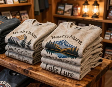Stacked crewnecks with Western North Carolina and Lake Lure designs inside a mountain gift shop.