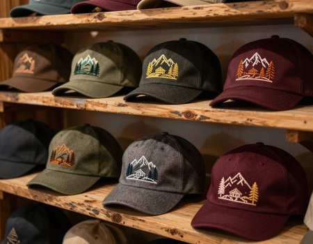 Embroidered caps and beanies with rustic mountain and local destination branding on display shelves.