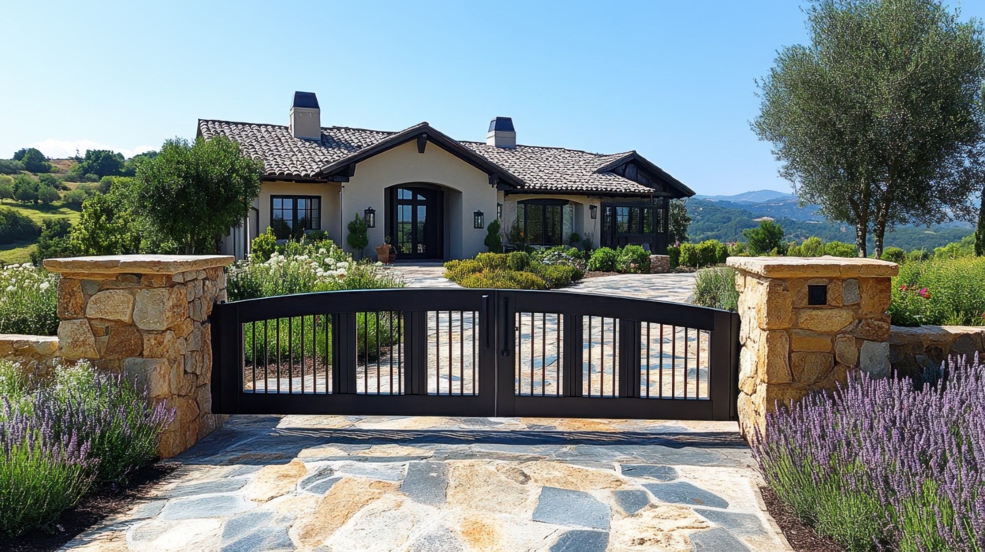 Dark wooden gate with stone pillars leading to a house with a tiled roof, set against a green hillside.
