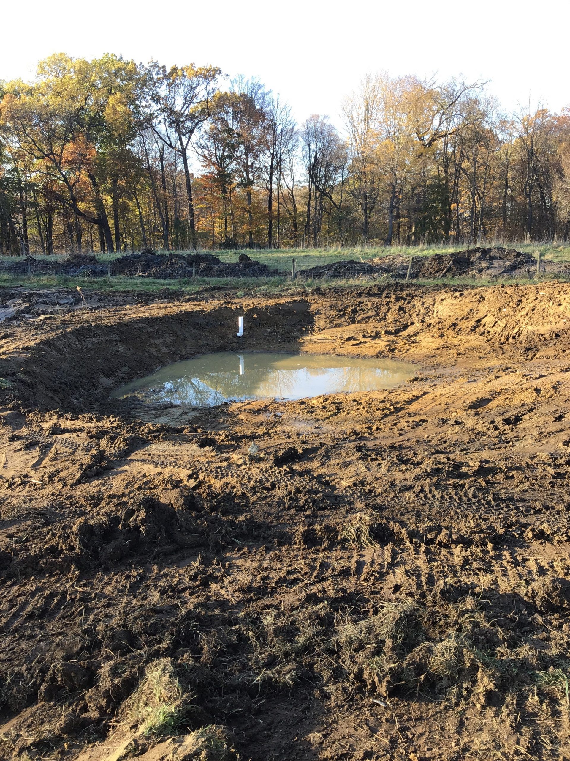 There is a small pond in the middle of a muddy field.