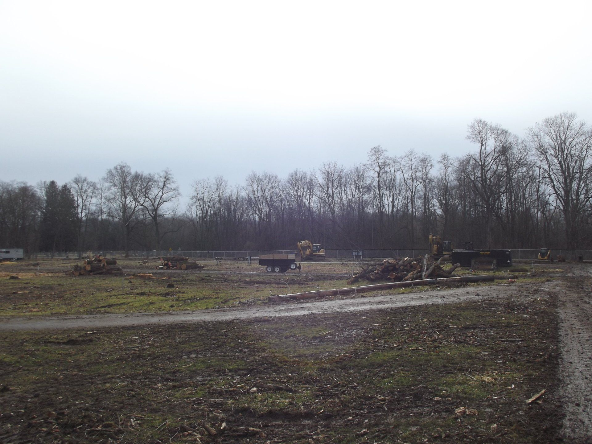 A field with trees in the background and a truck in the foreground