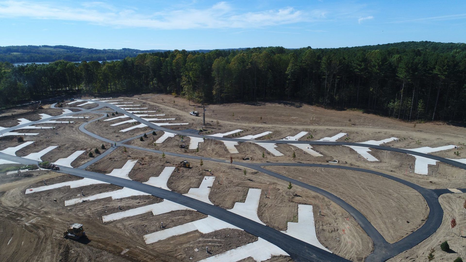An aerial view of a residential area with trees in the background