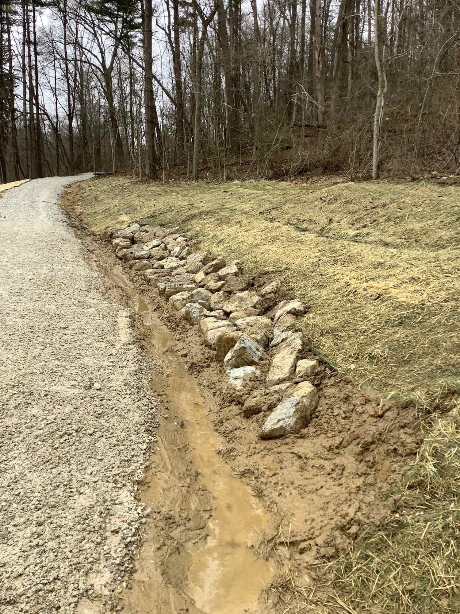 A dirt road going through a muddy field with trees in the background.
