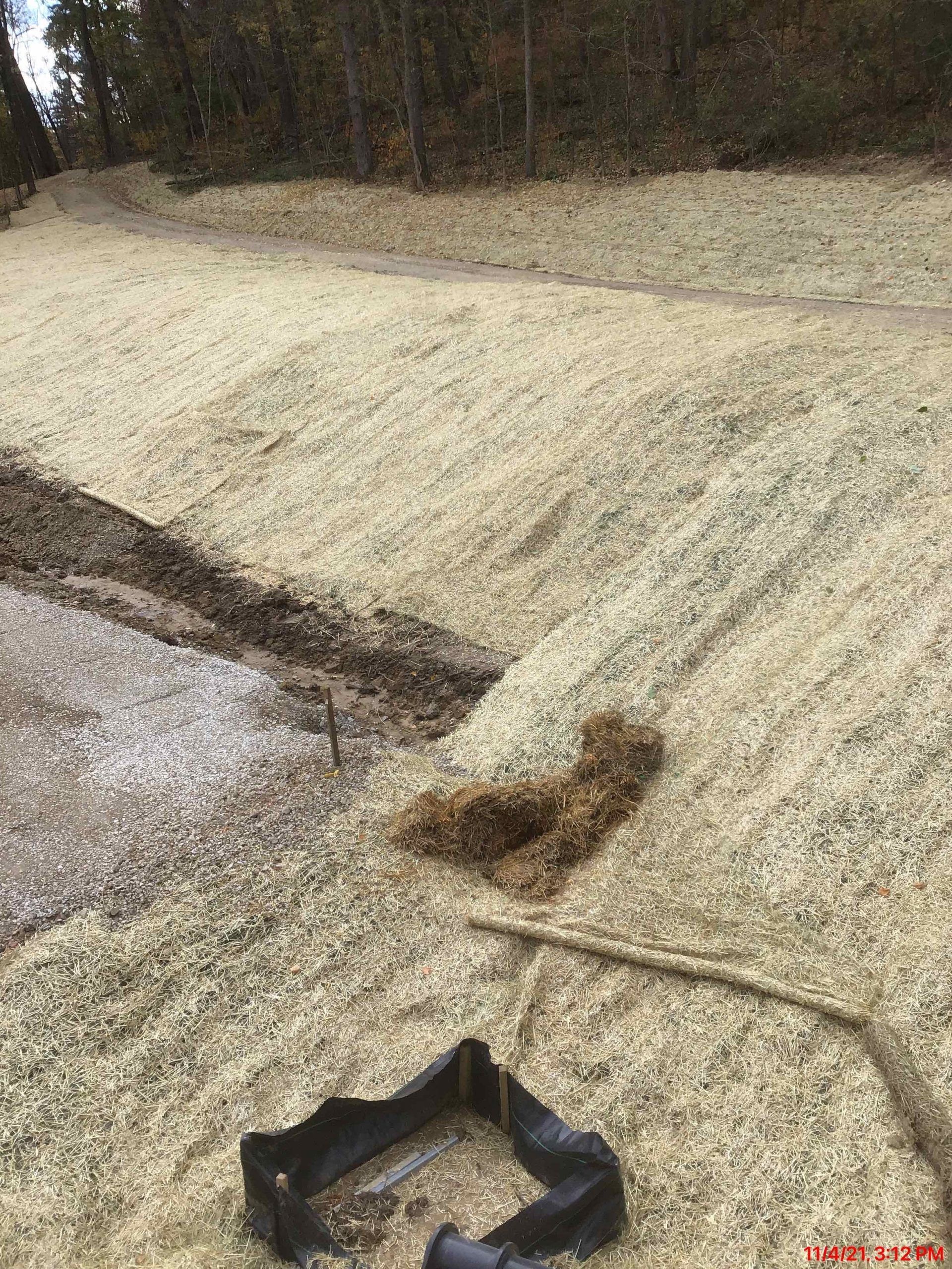 A black belt is sitting on top of a pile of wood chips.