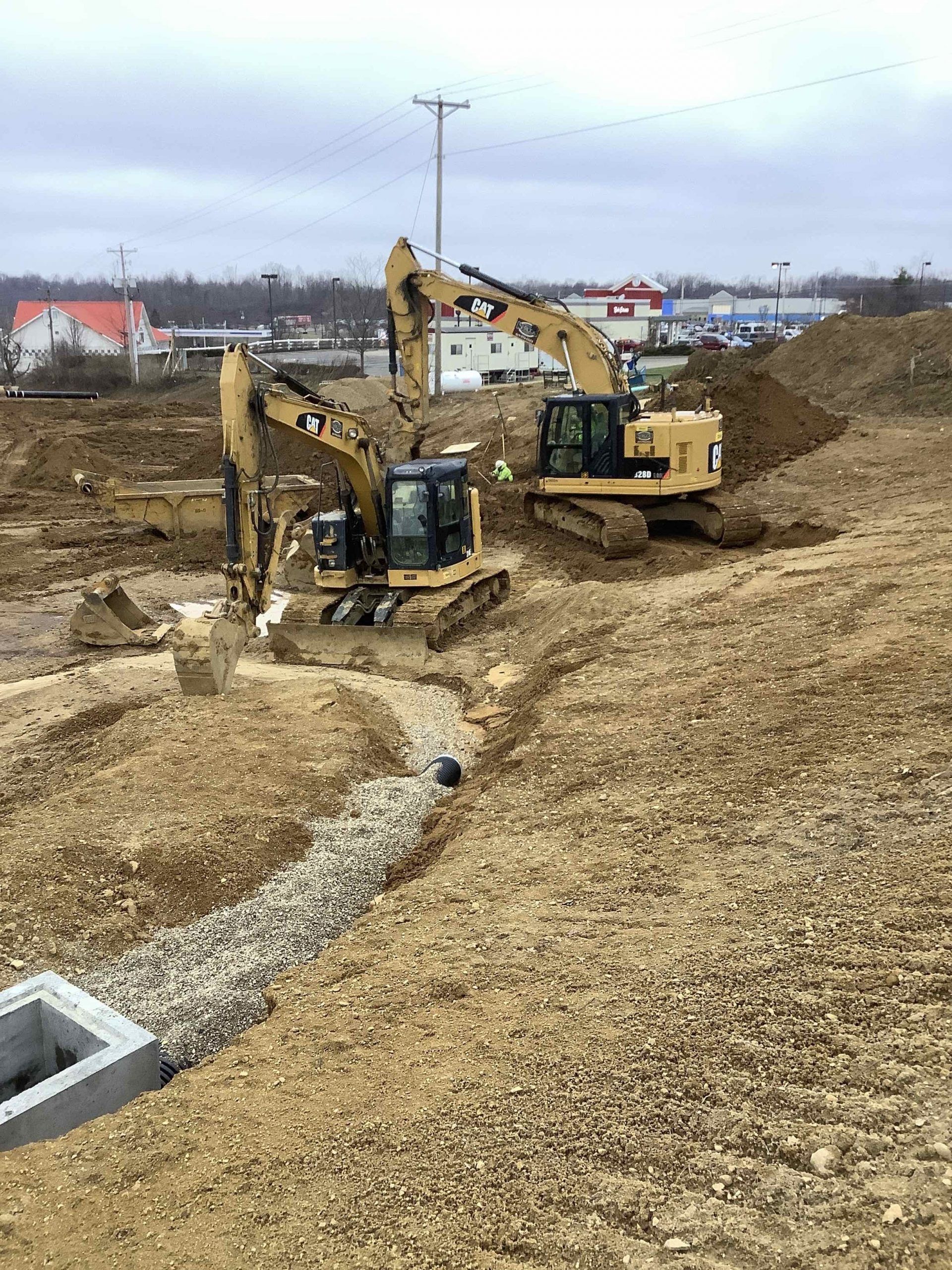 Two bulldozers are working on a construction site.