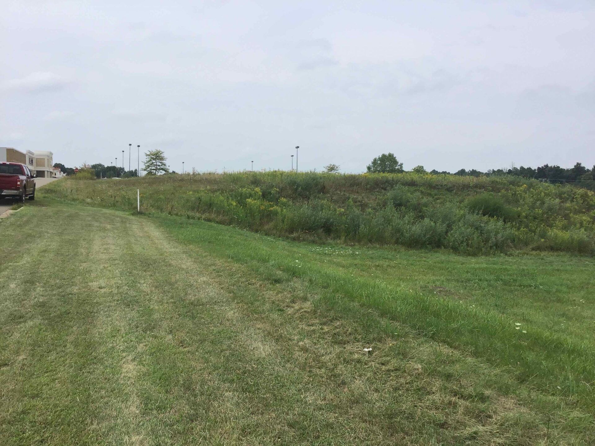 A red truck is parked on the side of a grassy field.