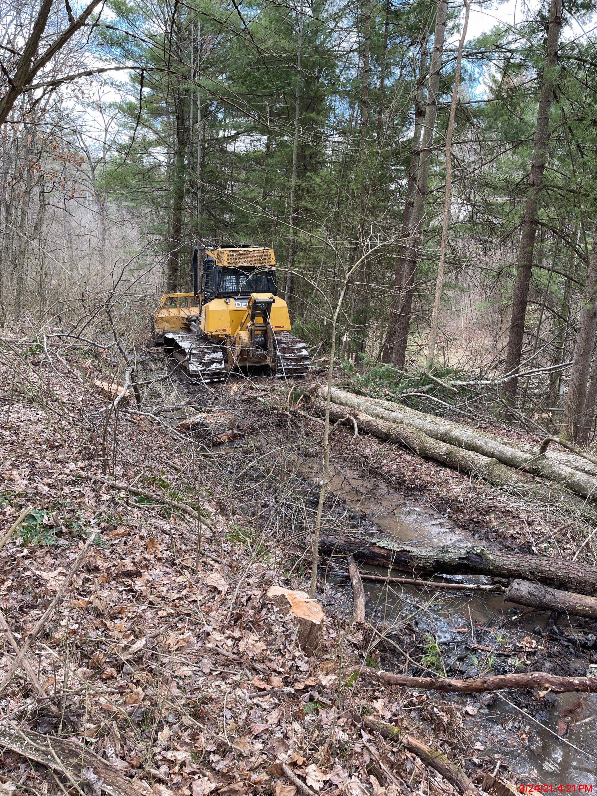 A yellow bulldozer is driving down a dirt road in the woods.