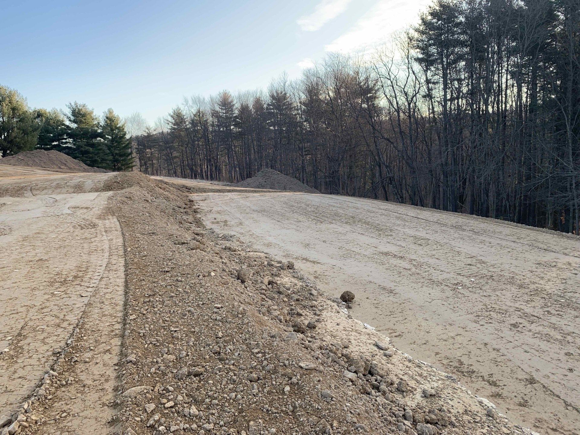 A dirt road going through a forest with trees in the background