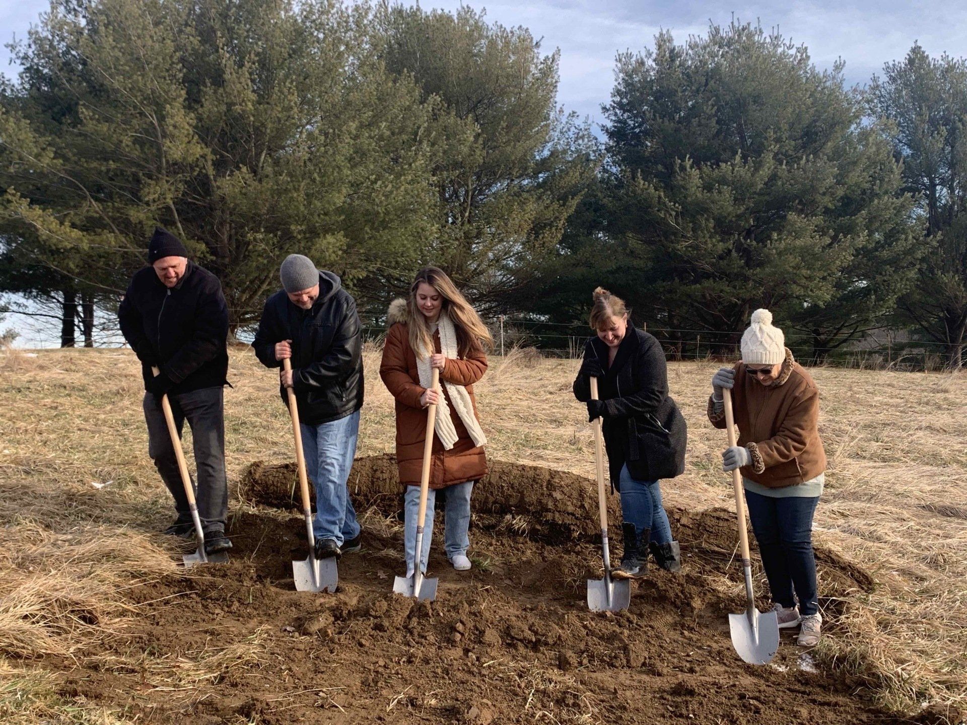 A group of people are digging in a field with shovels.