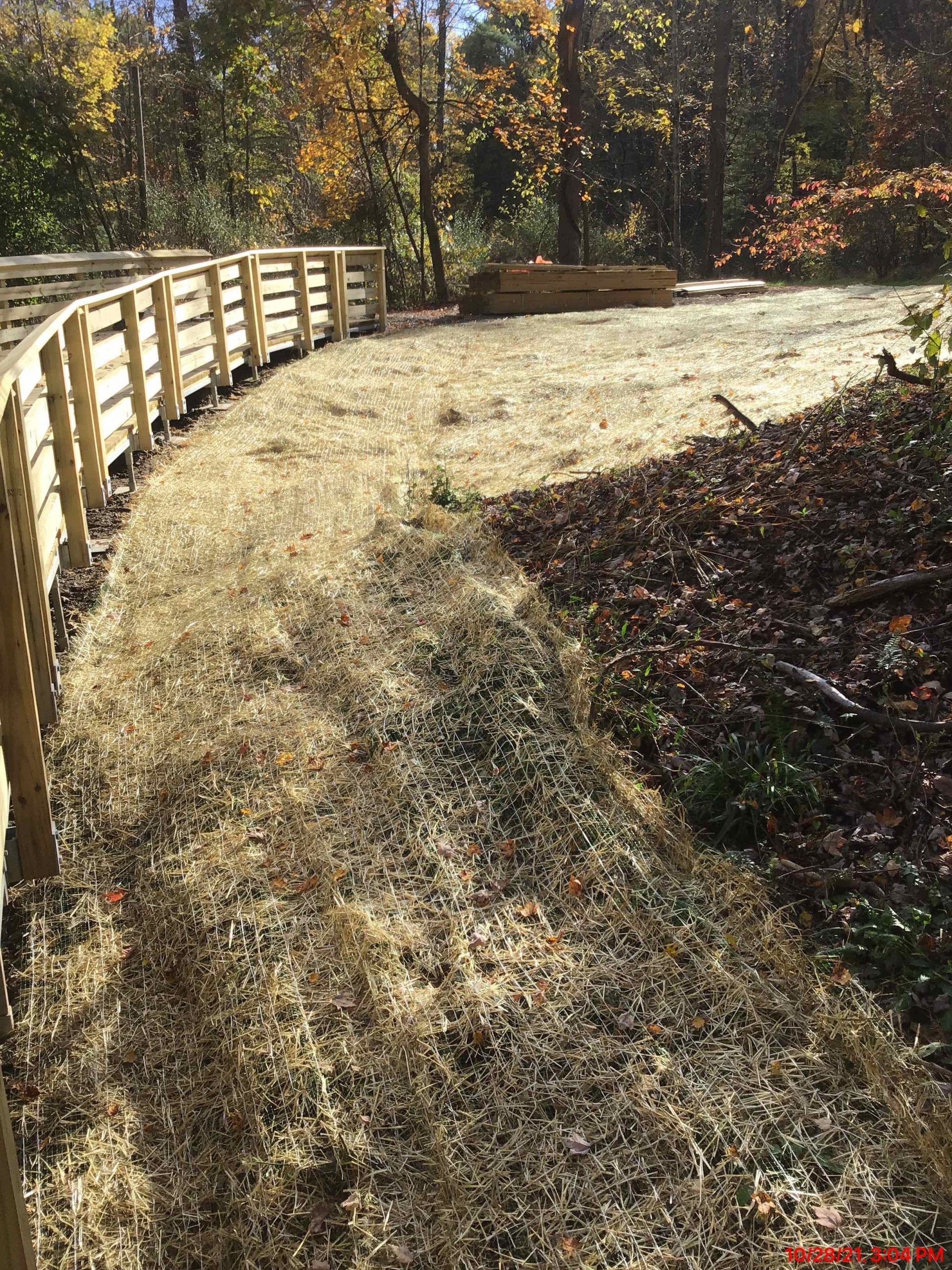 A wooden fence surrounds a dirt road in the woods.