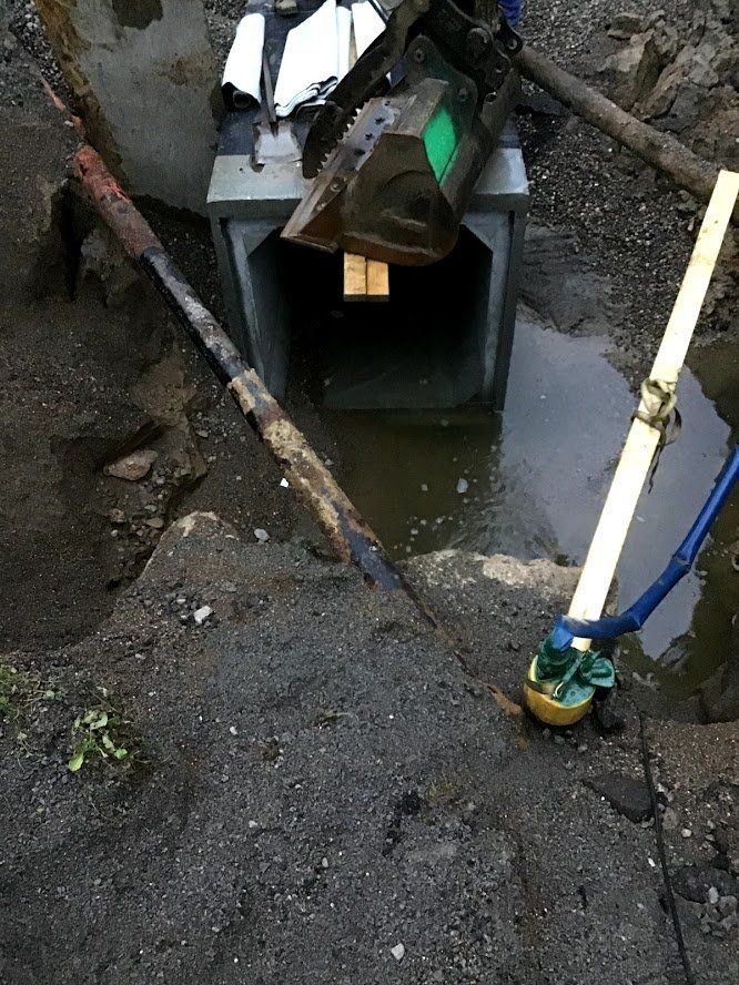A hose is being used to pump water out of a hole in the ground.