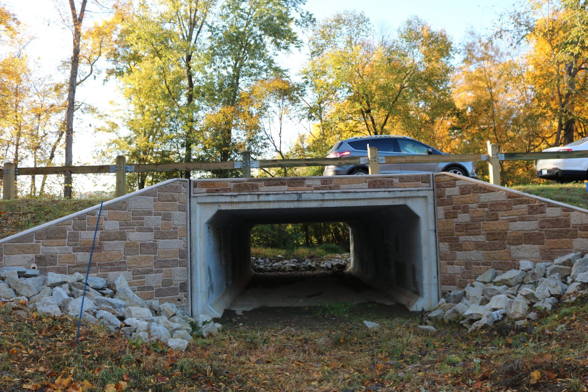 A car is parked under a bridge in the woods.
