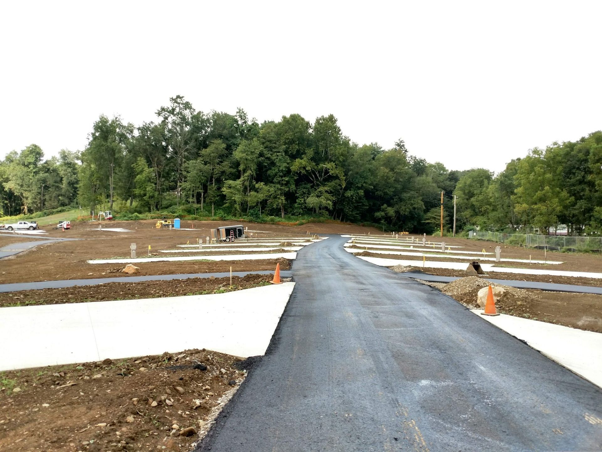 A road that is going through a field with trees in the background