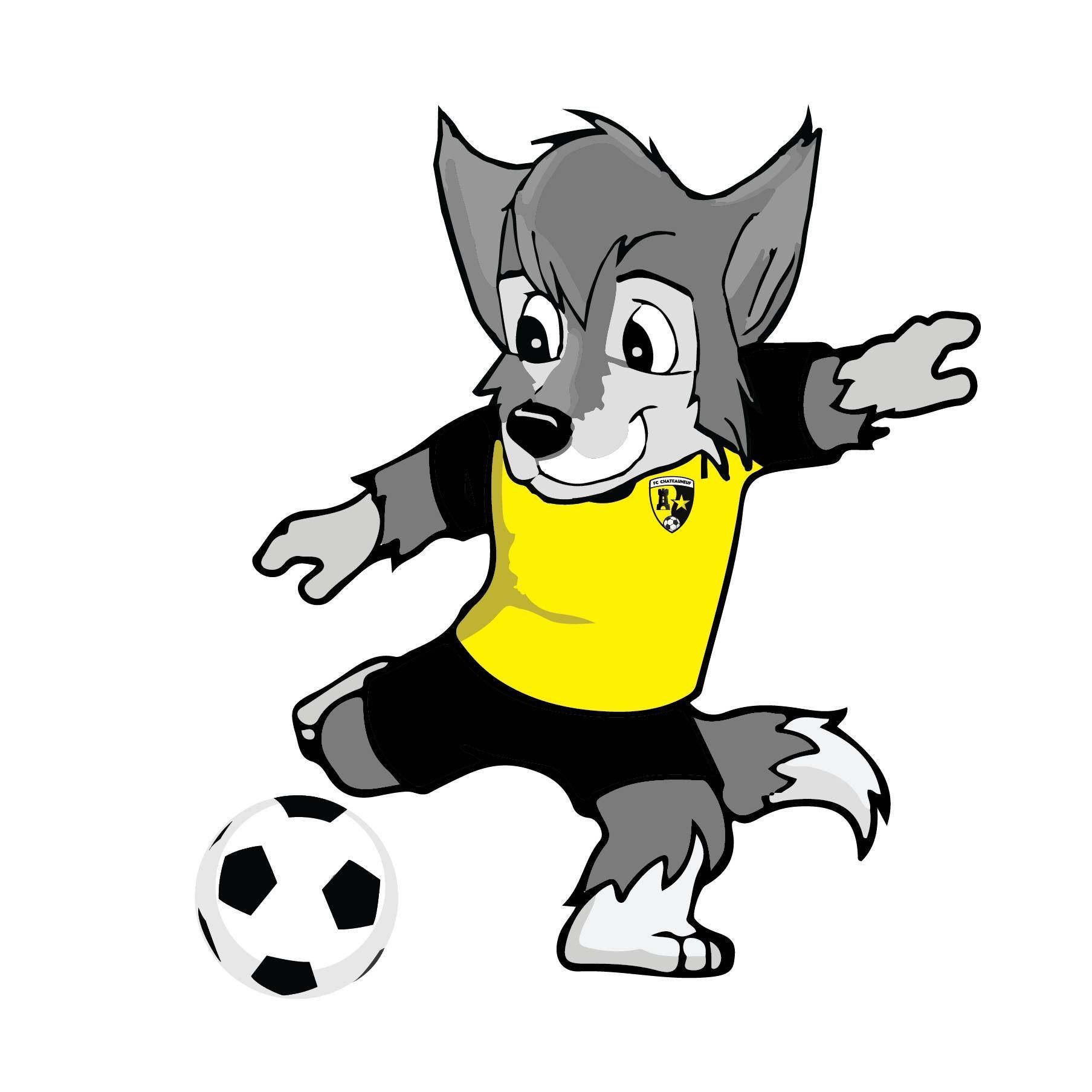 Un loup de dessin animé donne un coup de pied dans un ballon de football.