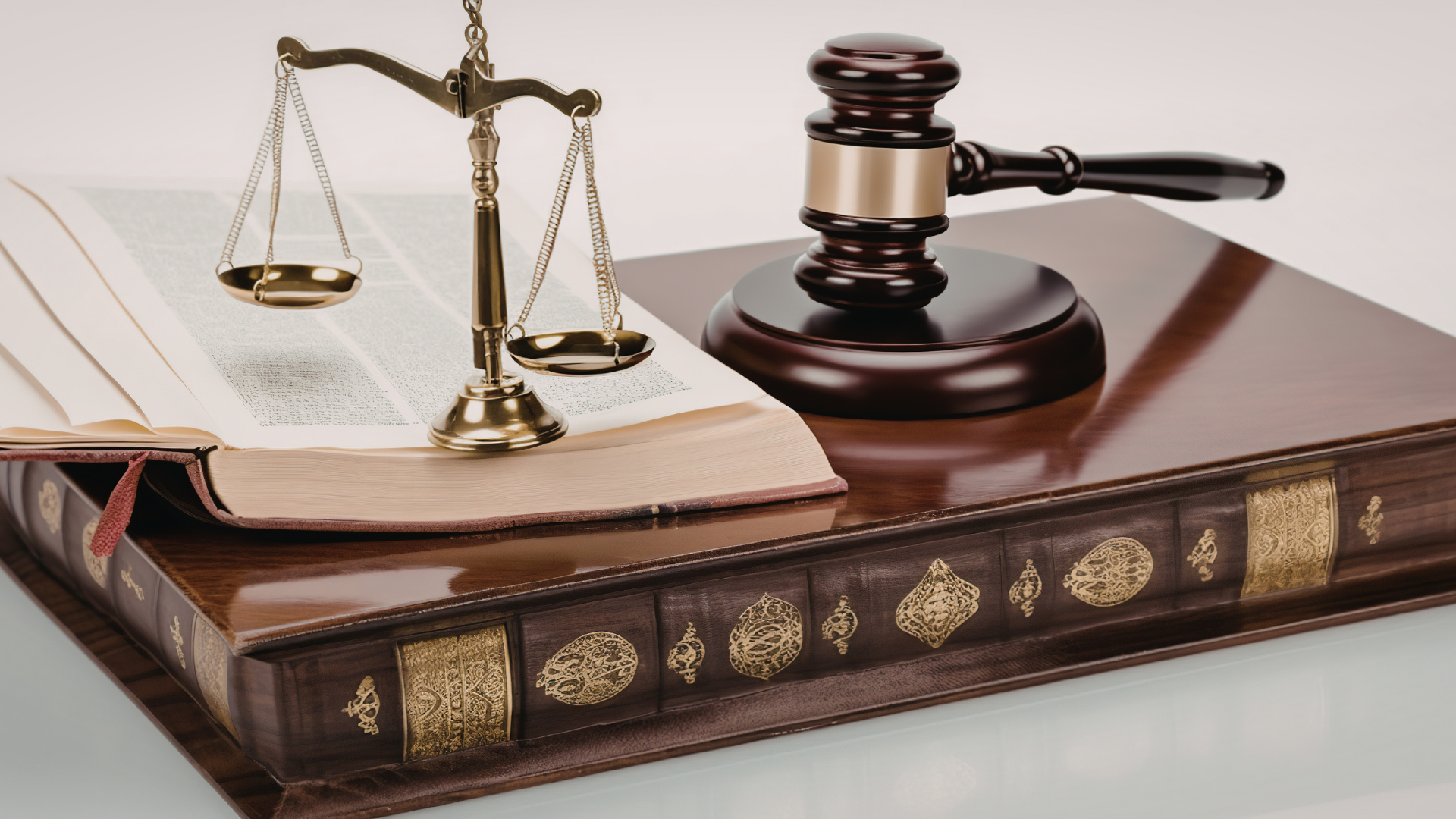 Law book with scales and gavel, symbolizing law and justice