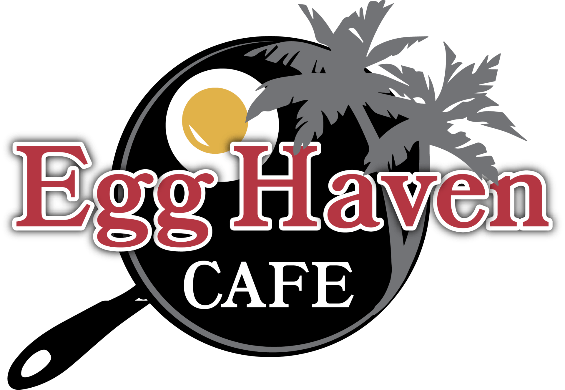 The logo for egg haven cafe shows a frying pan with an egg and palm trees.