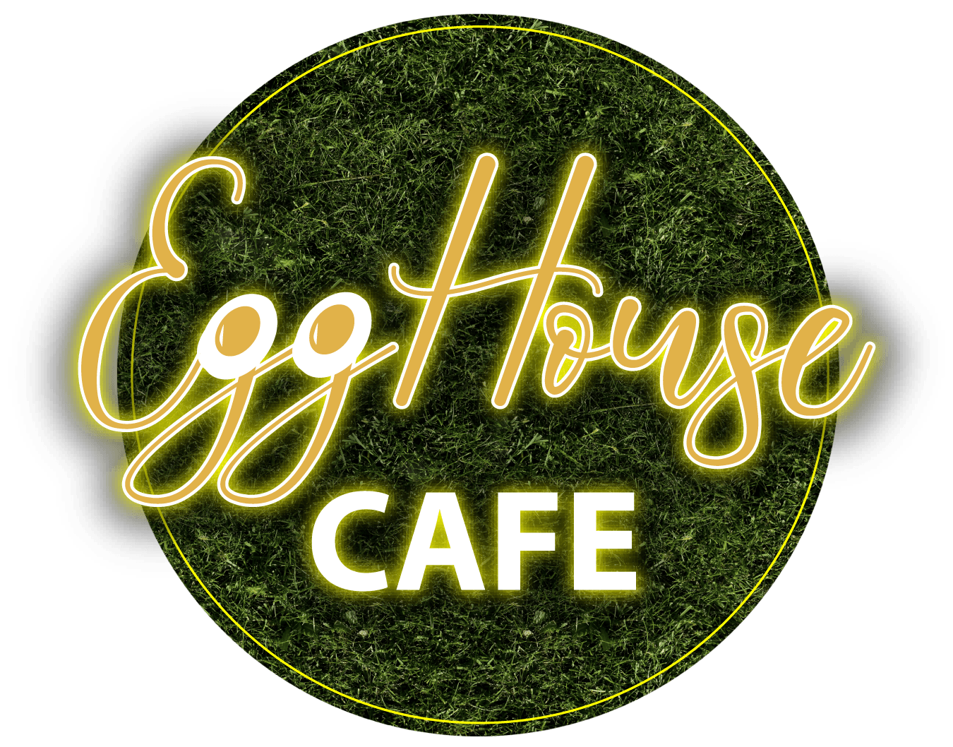 The logo for the egg house cafe is a neon sign.