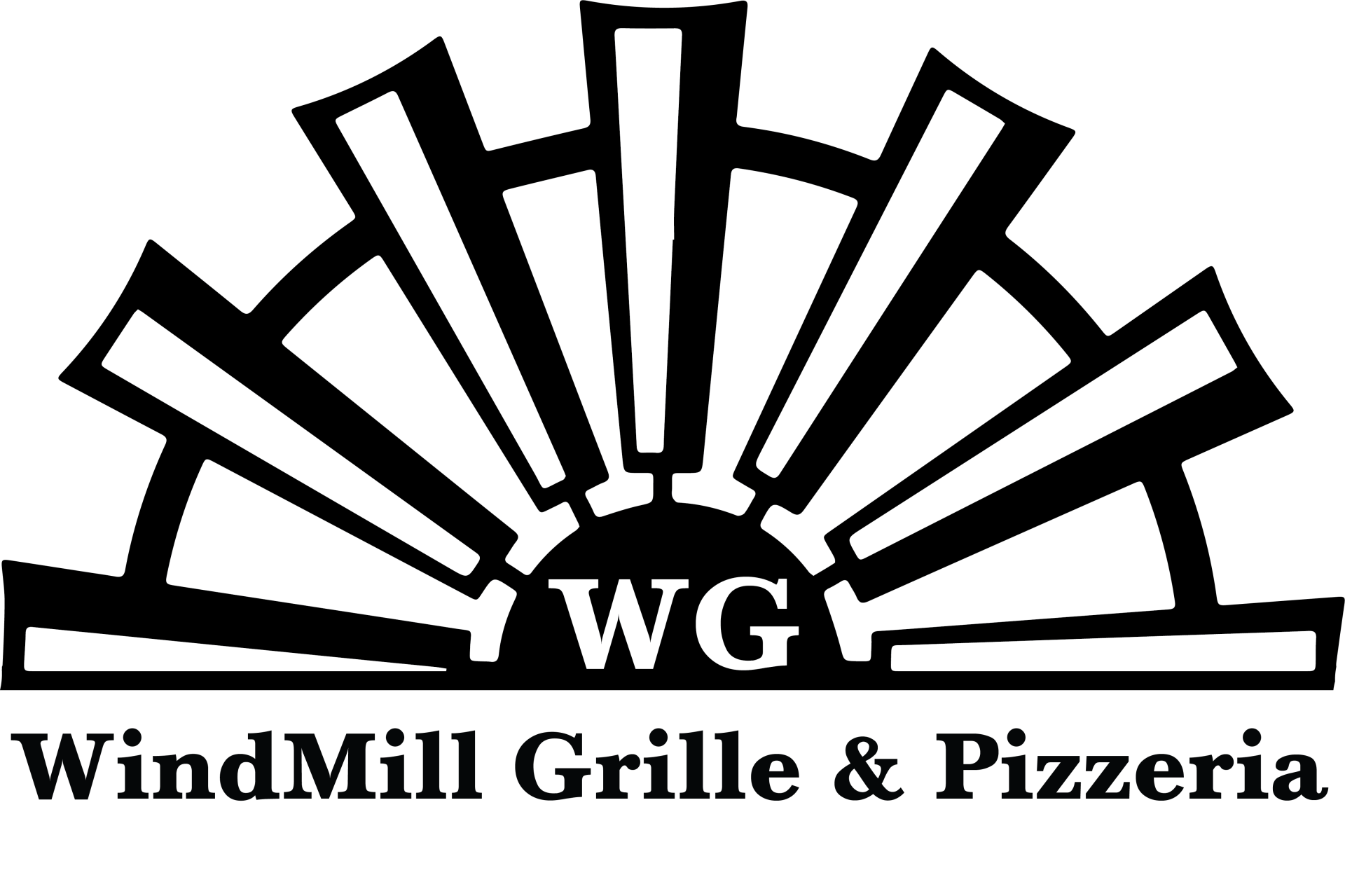 A black and white logo for windmill grille and pizzeria.