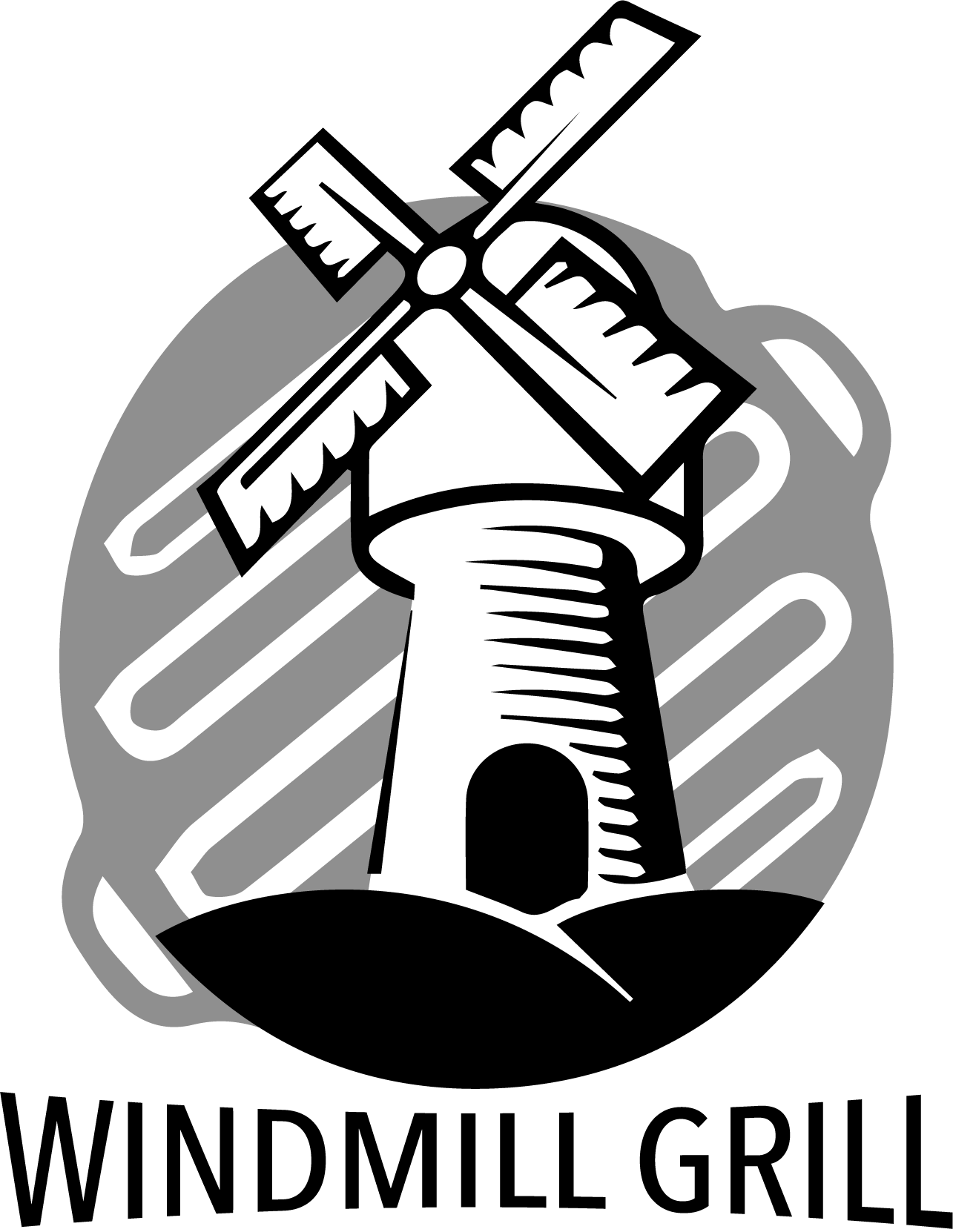 A black and white drawing of a windmill with the words windmill grill below it.