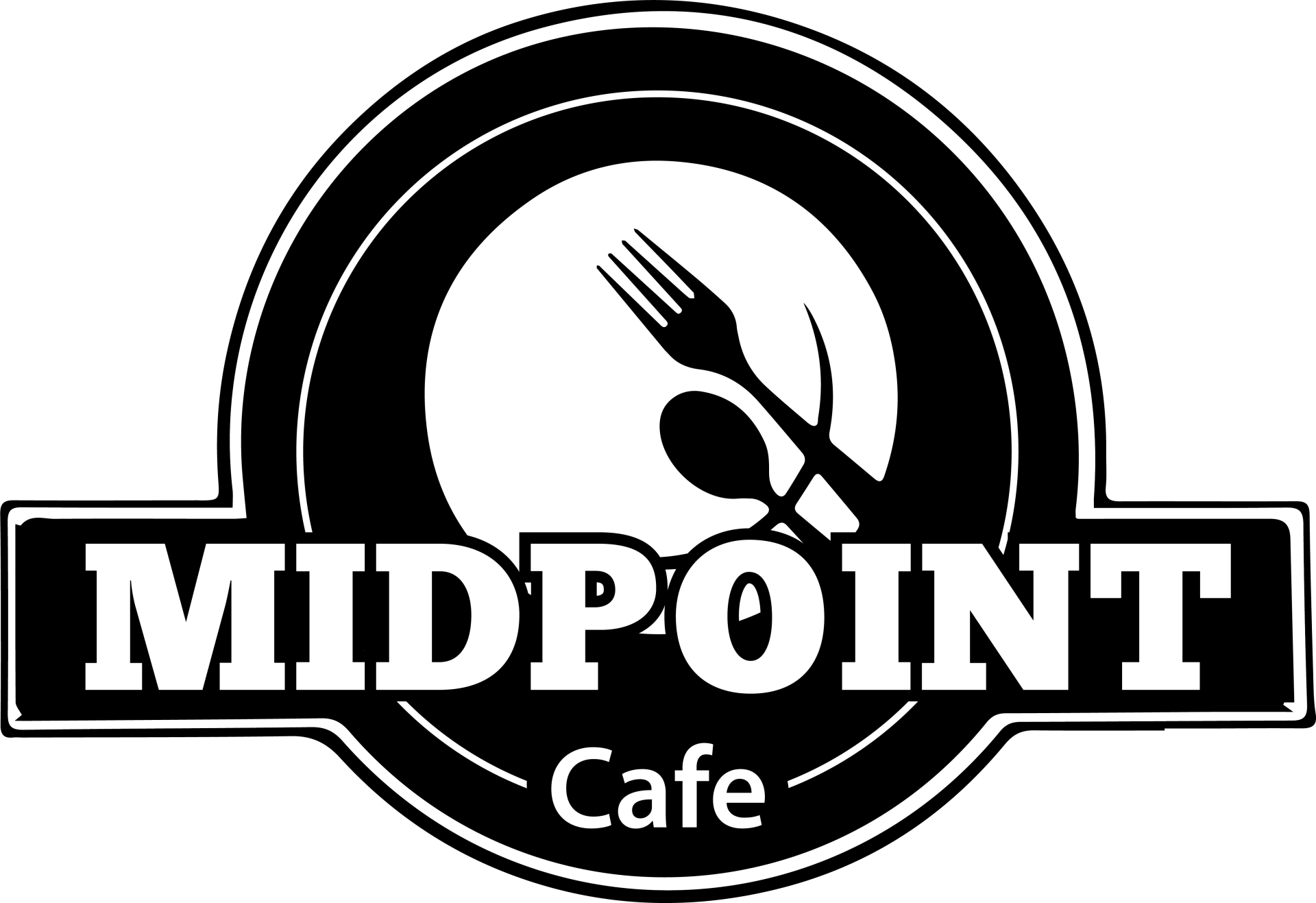 A black and white logo for a restaurant called midpoint cafe.