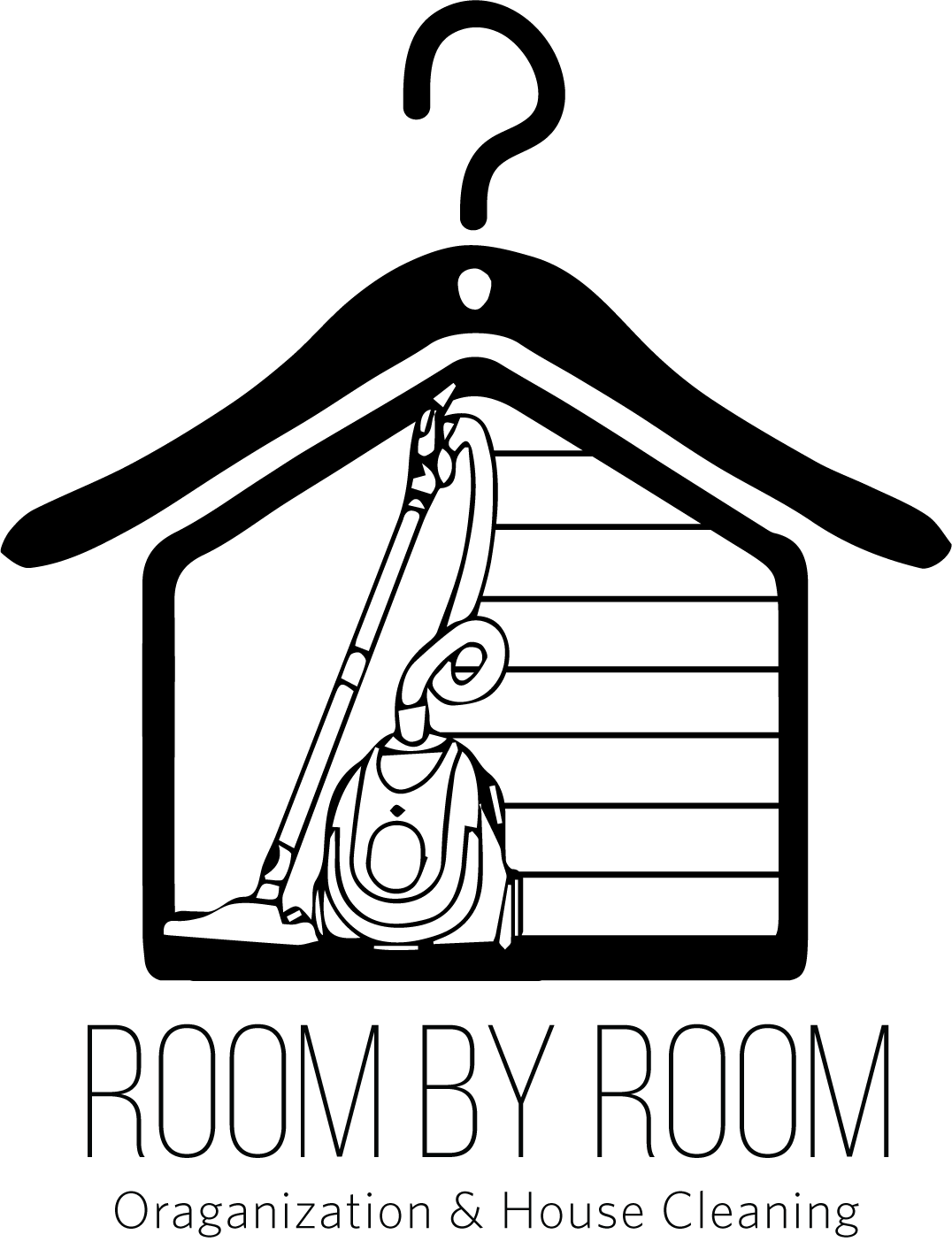 A black and white logo for room by room organization and house cleaning.