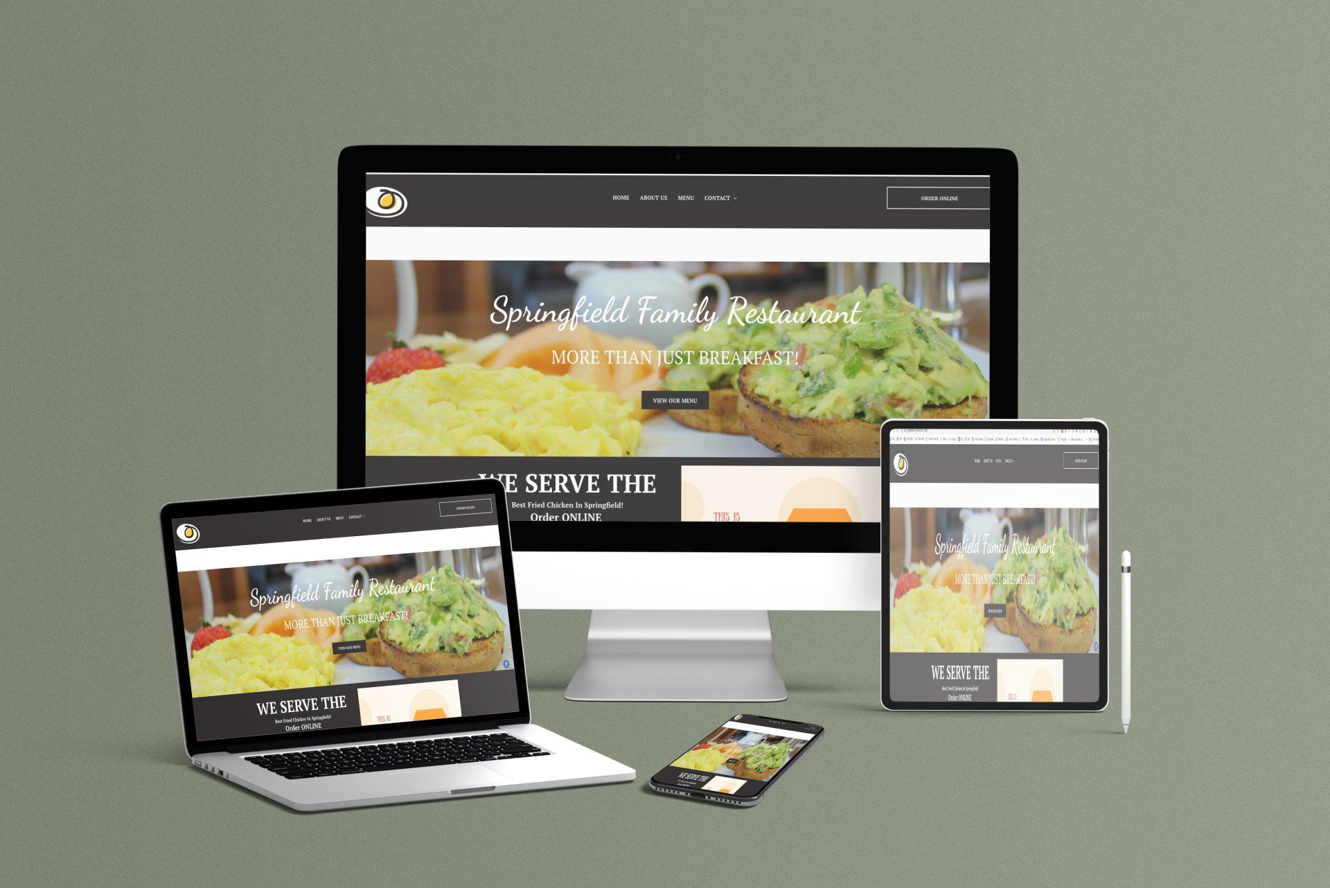 A computer , laptop , tablet and phone are displaying a website.