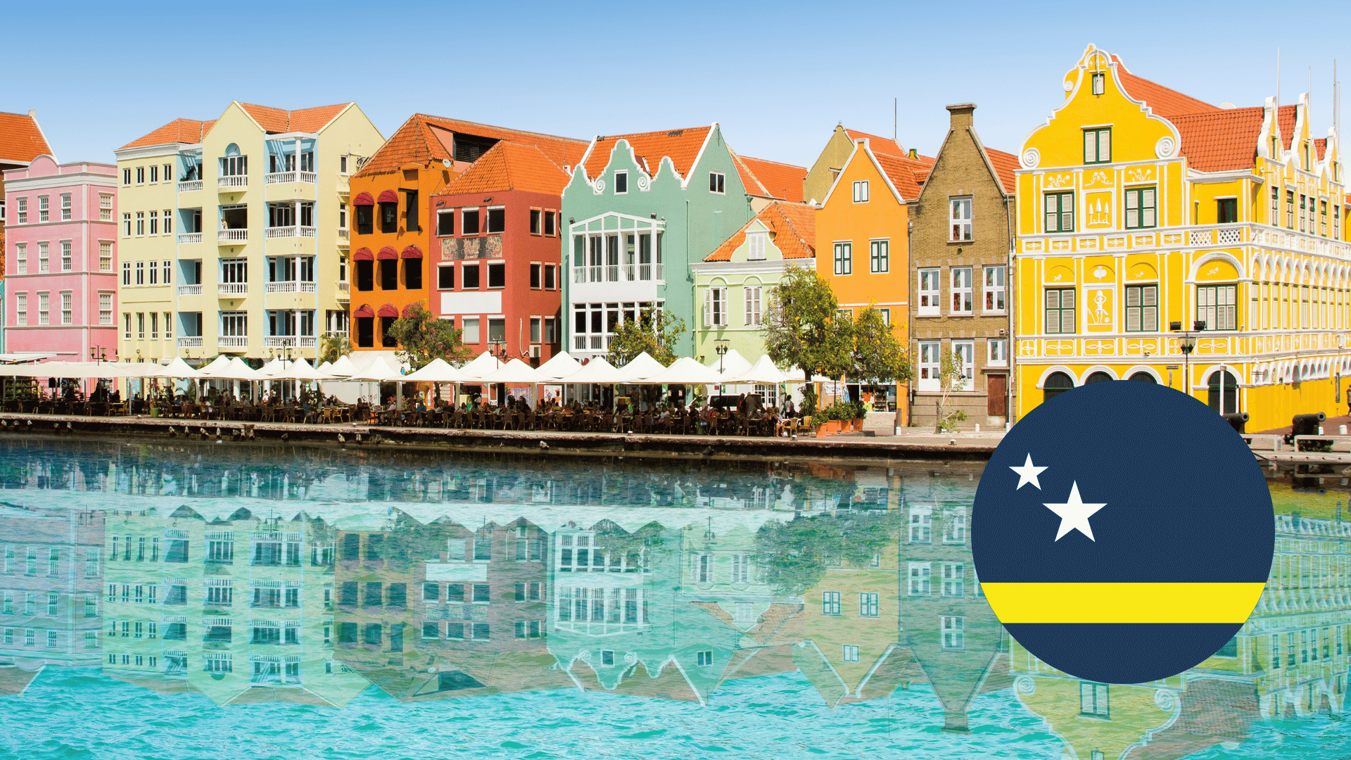 A row of colorful buildings next to a body of water with a flag in the foreground. Curaçao 