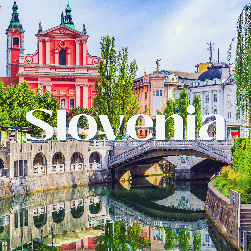 A picture of slovenia with a bridge over a river