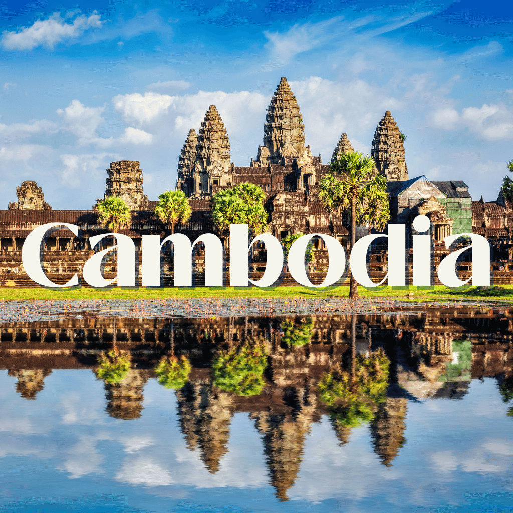 The word cambodia is on a picture of a temple