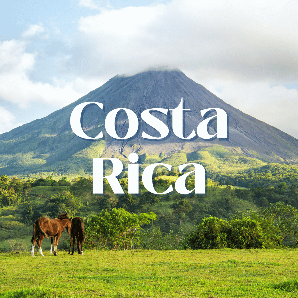 Two horses grazing in a field with a mountain in the background and the words costa rica