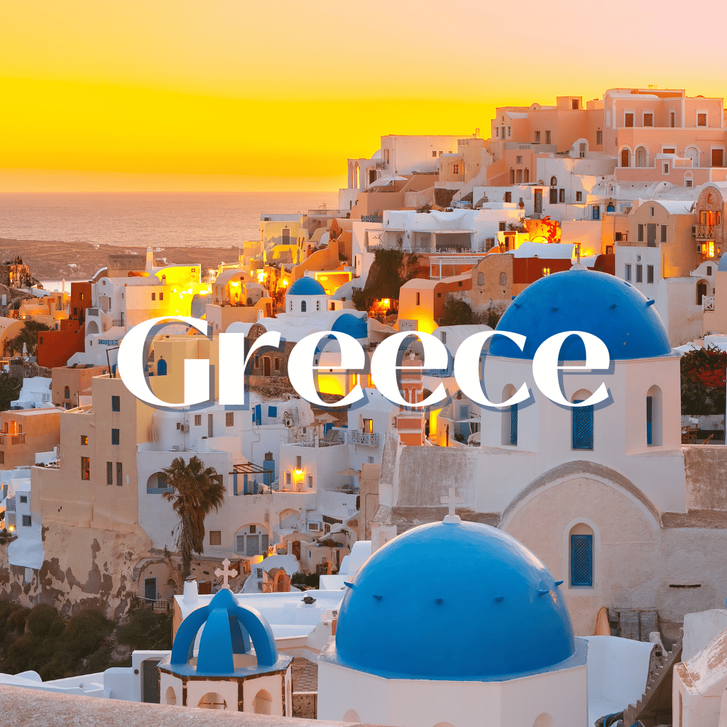 A picture of greece with a sunset in the background