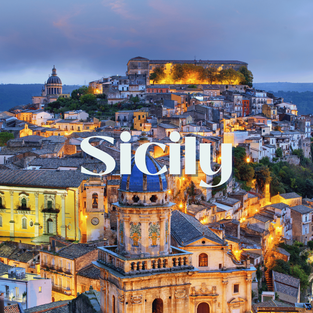 The word sicily is on a picture of a city