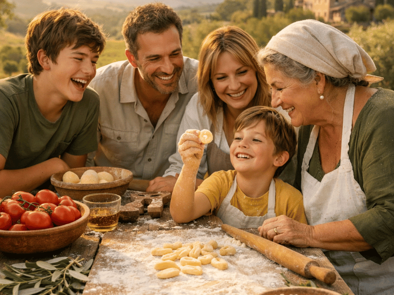 A family making pasta together during a cooking lesson in Tuscany Italy