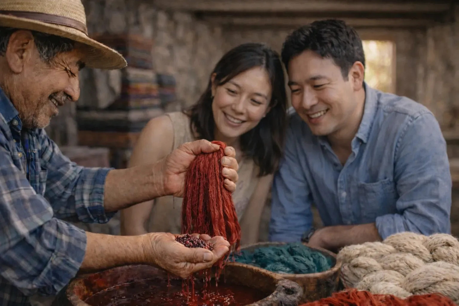 Couple learning natural textile dyeing with local artisan in Oaxaca Mexico