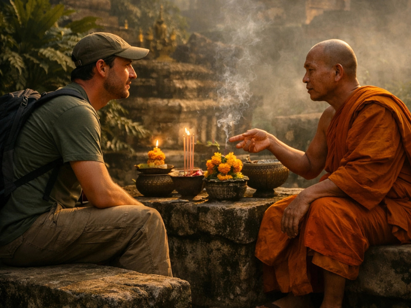Traveler in conversation with Buddhist monk at ancient temple in Thailand, Southeast Asia