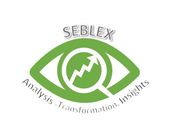 A green eye with a magnifying glass and arrow trending up with the words Seblex, analysis, transformation, insights around it.