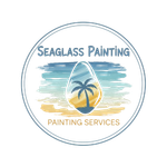 Logo for Seaglass Painting: beach scene within a circle; seaglass shape containing palm tree, blue/yellow background.