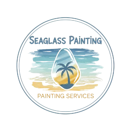 Logo for Seaglass Painting: beach scene within a circle; shows a palm tree in a seaglass shape against a watercolor background.