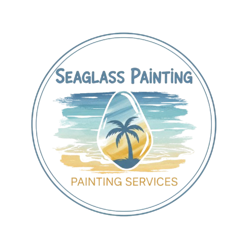 Logo for Seaglass Painting: beach scene within a circle; seaglass shape containing palm tree, blue/yellow background.
