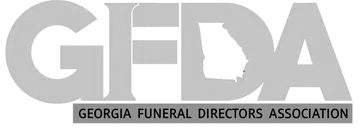 Logo for the Georgia Funeral Directors Association with the letters GFDA and an outline of Georgia on a grey background.