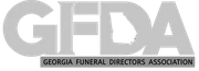 Logo for the Georgia Funeral Directors Association with the letters GFDA and an outline of Georgia on a grey background.