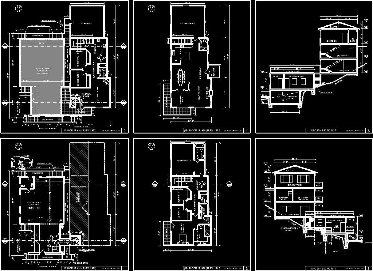 Architectural drawings of a house, including floor plans and cross-sections.
