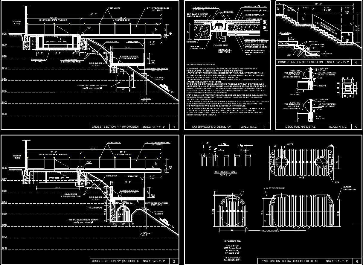 Architectural drawings: cross-sections and elevations of a structure, including staircases, railings, and detailed construction elements.